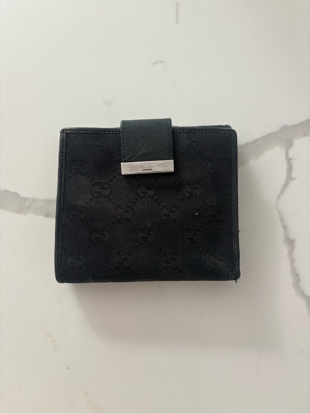 Gucci Black GG Monogram Small Wallet with Silver Tone Hardware